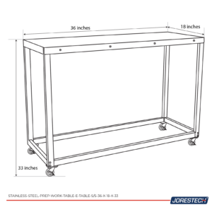 Infografía que describe las medidas de la mesa de acero inoxidable, que son 38x18x33