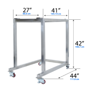 Vista diagonal del soporte de acero inoxidable para la pesadora lineal 240 de JORES TECHNOLOGIES®. Base para pesadora lineal Parallax 240 con medidas