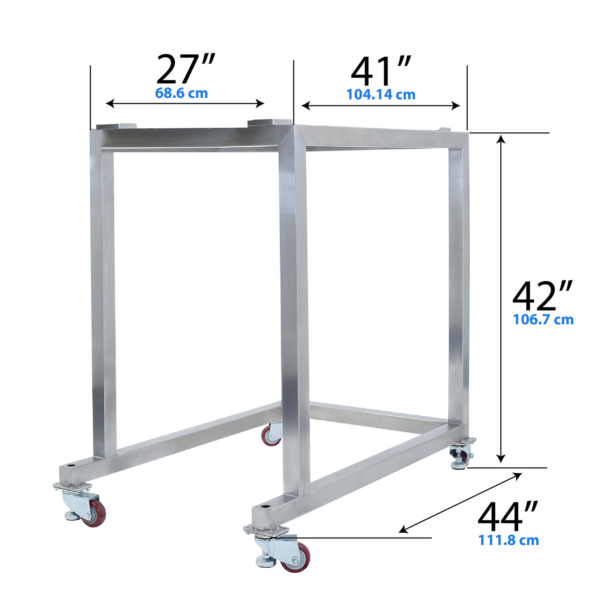 Vista diagonal del soporte de acero inoxidable para la pesadora lineal 240 de JORES TECHNOLOGIES®. Base para pesadora lineal Parallax 240 con medidas
