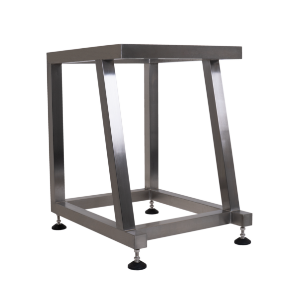 Vista diagonal del soporte de acero inoxidable para la pesadora lineal 403 de JORES TECHNOLOGIES®. Base para pesadora lineal