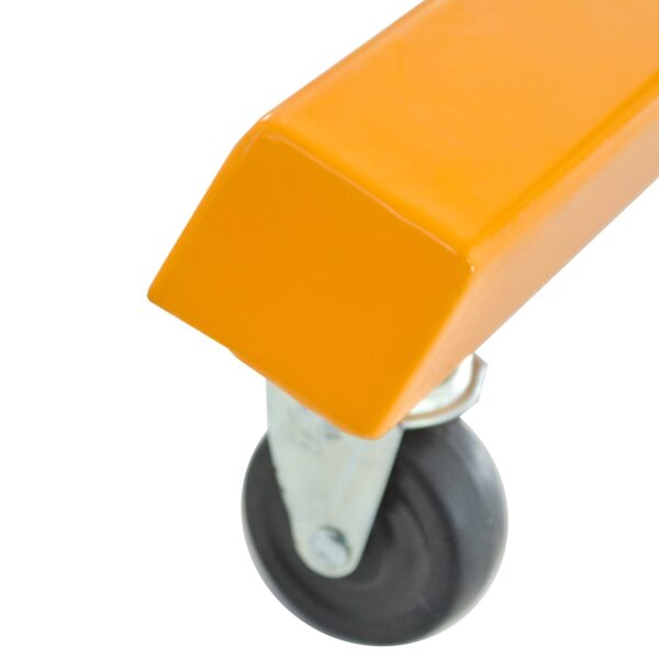 primer plano de la rueda giratoria negra sobre soporte amarillo para selladora continua de banda