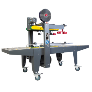 máquina selladora de cajas gris con barras de tracción superior e inferior amarillas con bandas verdes y logotipo azul de JORES TECHNOLOGIES® en el lateral