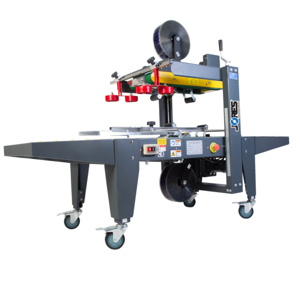 máquina selladora de cajas gris con barras de tracción superiores e inferiores amarillas con bandas verdes y el logotipo azul de JORES TECHNOLOGIES® en el lateral