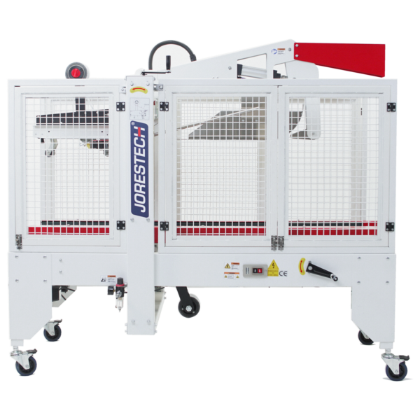 Máquina selladora de cajas con barras laterales de tracción rojas y ruedas