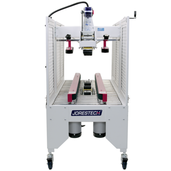 Máquina cerradora de cajas semiautomática con barras de tracción laterales rojas y dispensadores de cinta en la parte superior e inferior