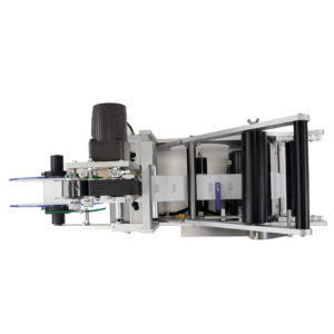 Vista superior del aplicador semiautomático de etiquetas JORES TECHNOLOGIES® mostrando el rollo de etiquetas después de haber sido impreso por la impresora integrada.