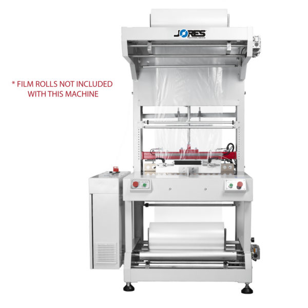Selladora de film para fundas semiautomática JORES TECHNOLOGIES®. Hay un texto en rojo que dice “los rollos de film no están incluidos con esta máquina”