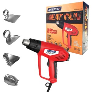 Pistola de calor para film retráctil de JORES TECHNOLOGIES® junto a su caja de empaque. Boquillas incluidas: boquilla reflectora, boquilla cónica, boquilla protectora de vidrio y boquilla en cola de pez