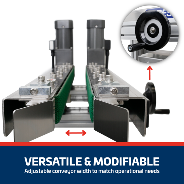 Primer plano que muestra las dos correas laterales verdes del transportador sin fondo de JORES TECHNOLOGIES® que sujetarían y transportarían los envases. El banner dice: Versátil y modificable, ancho de transportador ajustable para adaptarse a las necesidades operativas
