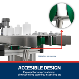Primer plano del transportador sin fondo JORES TECHNOLOGIES® con bandas laterales y una impresora de inyección de tinta instalada para imprimir botellas de plástico blancas. El banner dice: Diseño accesible, la parte inferior expuesta de los envases permite imprimir, escanear, inspeccionar y más. La impresora de inyección de tinta se vende por separado.