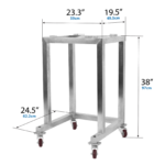 Infografía con las medidas del soporte de acero inoxidable para la pesadora lineal de un solo cabezal JORES TECHNOLOGIES® Parallax 113; 38 x 23.3 x 19.5 pulgadas