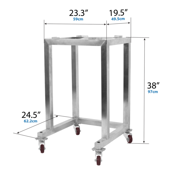 Infografía con las medidas del soporte de acero inoxidable para la pesadora lineal de un solo cabezal JORES TECHNOLOGIES® Parallax 113; 38 x 23.3 x 19.5 pulgadas