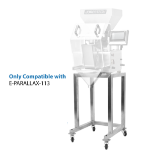 La pesadora lineal Jorestech de acero inoxidable se muestra con efecto de acuarela/transparencia. Está colocada sobre una base de acero inoxidable. Un texto en azul dice Solo compatible con E-PARALLAX-113