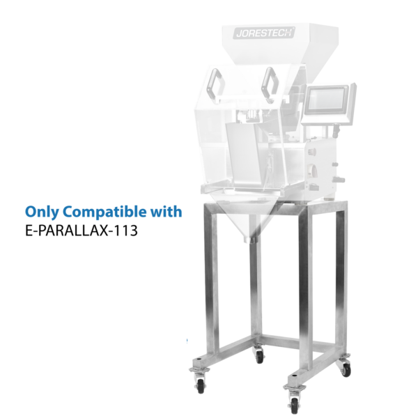 La pesadora lineal Jorestech de acero inoxidable se muestra con efecto de acuarela/transparencia. Está colocada sobre una base de acero inoxidable. Un texto en azul dice Solo compatible con E-PARALLAX-113