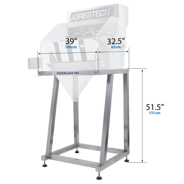Soporte de acero inoxidable diseñado para la pesadora lineal JORES TECHNOLOGIES® de 4 cabezales, mostrado con sus medidas: 51.5 x 32.5 x 39 pulgadas