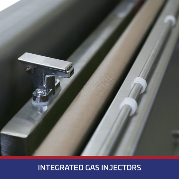 Primer plano del elemento calefactor y del inyector de gas integrado de la selladora al vacío de sobremesa JORES TECHNOLOGIES®. Un banner azul dice Inyectores de gas integrados