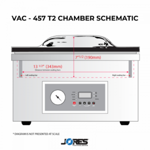 Un diagrama no presentado a escala muestra una vista frontal con las medidas de la cámara de vacío de JORES TECHNOLOGIES®. El texto dice: Esquemas de la cámara VAC-457-T2. Distancia entre la barra de sellado izquierda y la barra de sellado derecha: 13