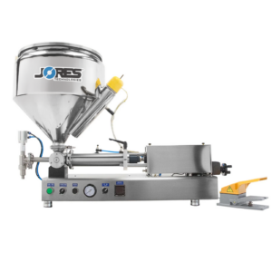 JORES TECHNOLOGIES® Llenadora de pistón para alta viscosidad con tolva calentada, pedal y acero inoxidable 316 (316 SS)