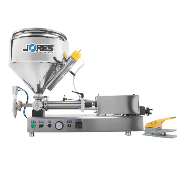 JORES TECHNOLOGIES® Llenadora de pistón para alta viscosidad con tolva calentada, pedal y acero inoxidable 316 (316 SS)