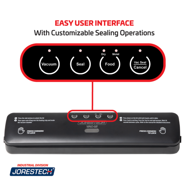 Selladora al vacío negra JORES TECHNOLOGIES® sobre un fondo blanco. Un título rojo dice Easy User Interface, con letras negras debajo que dicen with customixzable sealing operations. El panel de control está proyectado y ampliado, mostrando algunos de sus botones.
