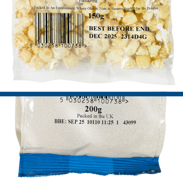2 bolsas para mostrar en detalle las impresiones negras que incluyen la fecha, el número de lote, la hora de producción y el país de origen del producto, realizadas con la sobreimpresora térmica LINX TT1000 para formato ancho