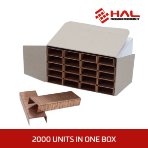 caja blanca llena de grapas de color cobre con logotipo rojo de hal. la imagen muestra el título en rojo 2000 unidades en una caja