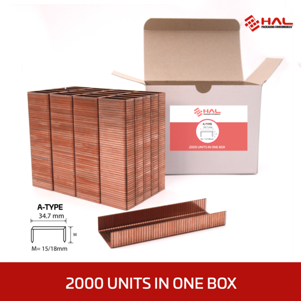 Un lote de 2000 grapas HAL incluidas en una caja. Las grapas tipo A miden 34.7 de ancho