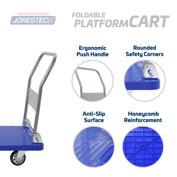 Características del carrito plataforma plegable de JORES TECHNOLOGIES®. Las características son: asa de empuje ergonómica, esquinas de seguridad redondeadas, superficie antideslizante, refuerzo de panal de abeja
