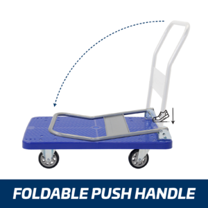Carro plataforma plegable JORES TECHNOLOGIES® que muestra dónde pisar para plegar el asa y facilitar el almacenamiento y el transporte
