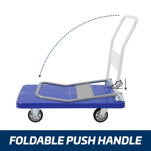 Carro plataforma plegable JORES TECHNOLOGIES® que muestra dónde pisar para plegar el asa y facilitar el almacenamiento y el transporte