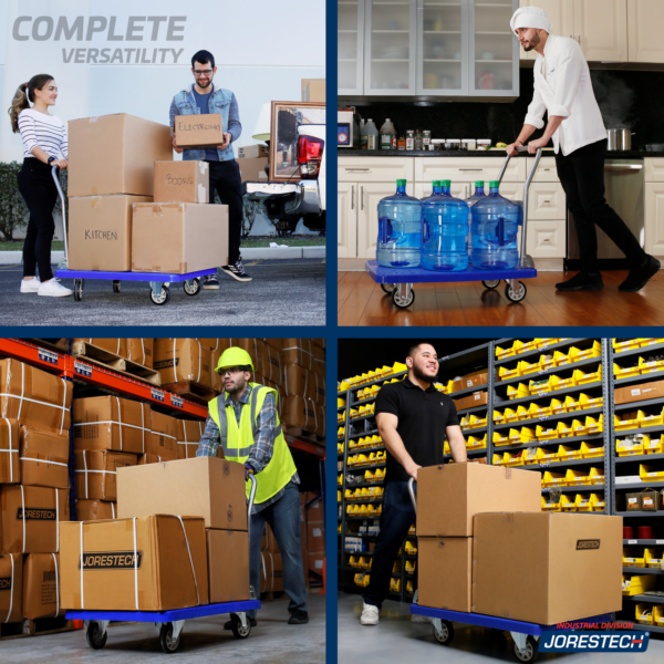 Banner dividido en cuatro que muestra el carrito plataforma plegable JORES TECHNOLOGIES® en uso para mover pertenencias, en una cocina profesional transportando grandes garrafones de agua y en dos departamentos distintos de almacén