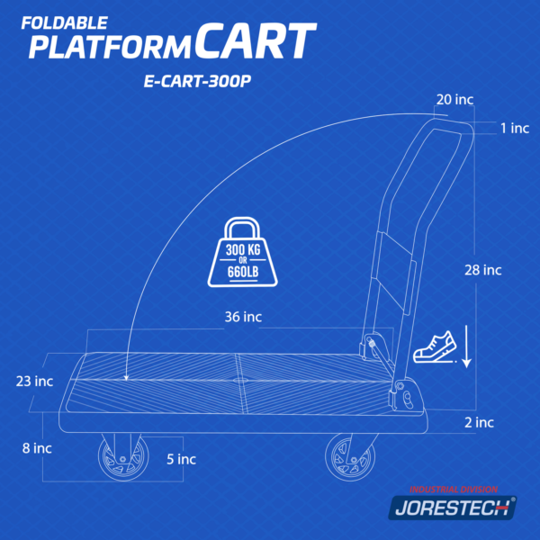 Gráfico del carrito de plataforma plegable JORES TECHNOLOGIES® que muestra el peso máximo que puede soportar el carrito, 300 kg o 660 lb, y también las medidas de la plataforma del carrito con ruedas: 36 pulgadas x 23 pulgadas