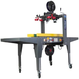 Máquina precintadora semiautomática de cajas para parte superior e inferior con barras de tracción verdes de JORES TECHNOLOGIES®