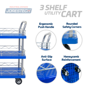 Características del carrito de empuje utilitario JORES TECHNOLOGIES® de 3 estantes. Incluye: asa de empuje ergonómica, esquinas redondeadas de seguridad, superficie antideslizante, refuerzo tipo panal.