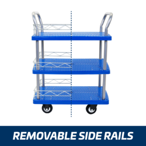 Frontal del carrito utilitario de empuje JORES TECHNOLOGIES® de 3 estantes con rieles removibles.