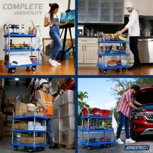 Banner dividido en cuatro que muestra el carrito utilitario de 3 estantes JORES TECHNOLOGIES® siendo usado en proyectos de bricolaje, en una cocina profesional, en un almacén y por un mecánico automotriz