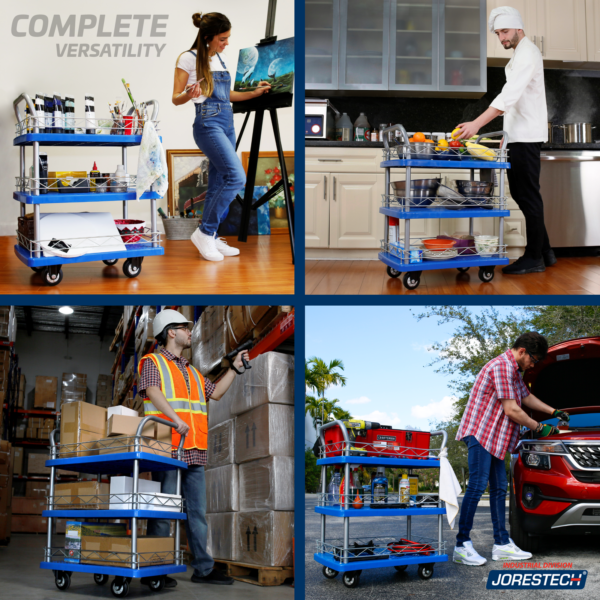 Banner dividido en cuatro que muestra el carrito utilitario de 3 estantes JORES TECHNOLOGIES® siendo usado en proyectos de bricolaje, en una cocina profesional, en un almacén y por un mecánico automotriz