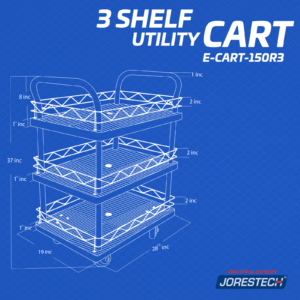 Gráfico del carrito utilitario JORES TECHNOLOGIES® de 3 estantes que muestra las medidas de las plataformas del carrito, que son de 28 x 19 pulgadas