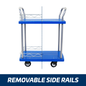 Vista frontal del carrito de empuje utilitario de 2 estantes JORES TECHNOLOGIES®. Se muestra cómo el carrito puede utilizarse con o sin los pasamanos desmontables.
