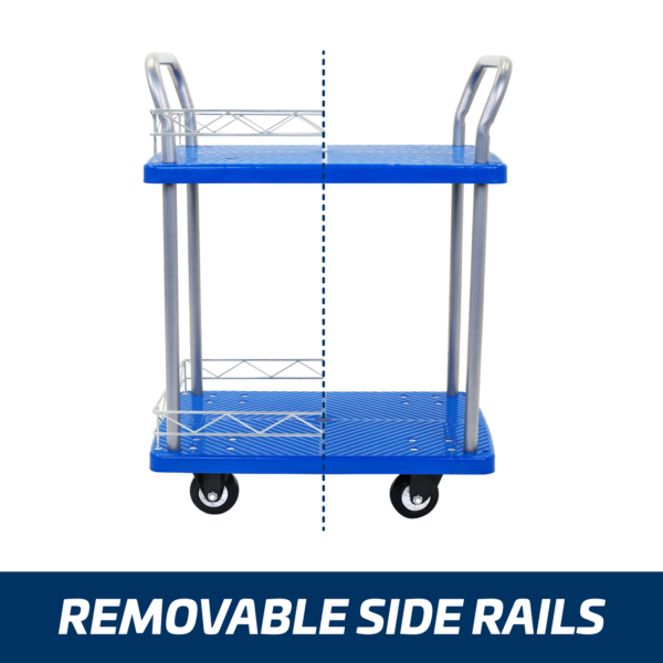 Vista frontal del carrito de empuje utilitario de 2 estantes JORES TECHNOLOGIES®. Se muestra cómo el carrito puede utilizarse con o sin los pasamanos desmontables.