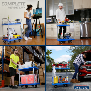 Banner dividido en cuatro mostrando el carrito utilitario de 2 estantes JORES TECHNOLOGIES® en uso en un estudio de arte, en una cocina profesional, en un almacén y para trabajos de mecánica automotriz