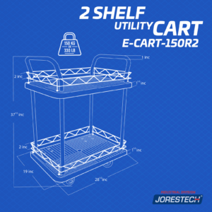 Gráfico del carrito utilitario de 2 estantes JORES TECHNOLOGIES® que muestra el peso máximo que puede soportar el carrito, que es de 150 kg o 330 lb, y las medidas de las plataformas del carro de transporte