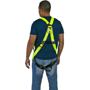 Vista trasera de una persona que lleva el arnés corporal de seguridad JORESTECH 1D para protección contra caídas en amarillo de alta visibilidad y negro