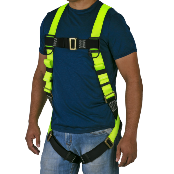 Vista frontal del torso de una persona que lleva el arnés de seguridad corporal JORESTECH de protección contra caídas 1D en amarillo de alta visibilidad y negro