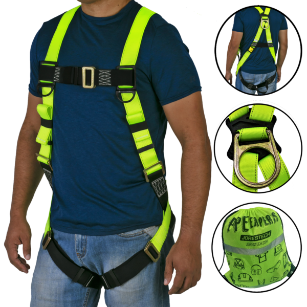 El torso de una persona que lleva el arnés de seguridad corporal JORESTECH 1D para protección contra caídas, en amarillo de alta visibilidad y negro. Los primeros planos muestran la vista posterior de la misma persona con el arnés, el anillo posterior y la bolsa de transporte color lima de alta visibilidad incluida con el arnés