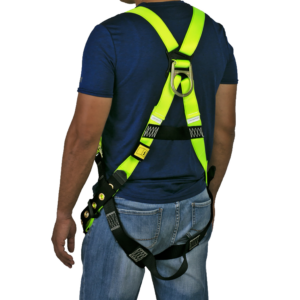Vista trasera del torso de una persona que lleva el arnés de seguridad corporal JORESTECH 1D para protección contra caídas en amarillo de alta visibilidad y negro
