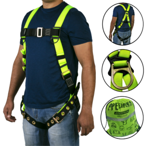 El torso de una persona que lleva el arnés de seguridad corporal JORESTECH de protección contra caídas 1D en amarillo de alta visibilidad y negro con ojales. También muestra la vista posterior de la misma persona usando el arnés, un primer plano del anillo trasero y una imagen de la bolsa de transporte color lima de alta visibilidad que se incluye con el arnés.