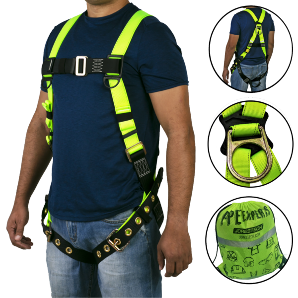 El torso de una persona que lleva el arnés de seguridad corporal JORESTECH de protección contra caídas 1D en amarillo de alta visibilidad y negro con ojales. También muestra la vista posterior de la misma persona usando el arnés, un primer plano del anillo trasero y una imagen de la bolsa de transporte color lima de alta visibilidad que se incluye con el arnés.