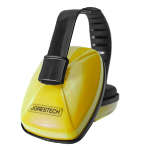 vista lateral de la orejera JORESTECH roja y negra 23 NRR de reducción de ruido para protección auditiva