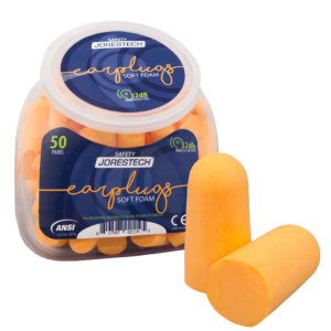Un recipiente transparente lleno de 50 pares de tapones para los oídos JORESTECH de color naranja. Hay 2 tapones de espuma suave junto al recipiente.